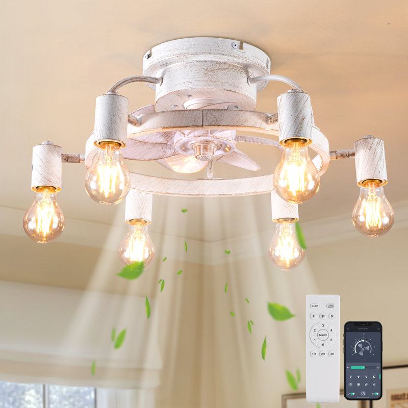 52 cm Farmhouse Reversible Caged Ceiling Fan with Light Kit and Remote, White