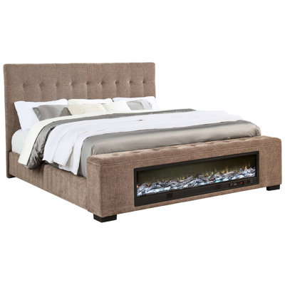 Brown Upholstered Bed With Soft Design, Speaker And Flame Visualizer Queen Panel Streaming, 13 - Color Pine Frame