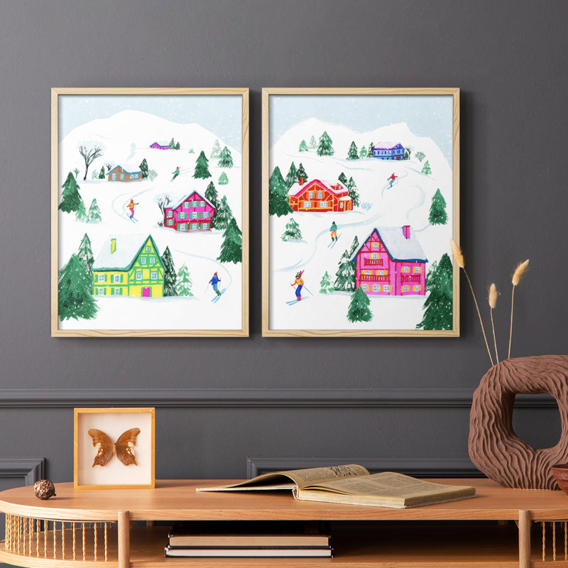«Candy Ski Village I», reproduction encadrée de qualité supérieure - prête à être accrochée - aucun clou requis - aucun clou requis