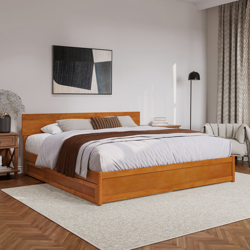 Lamecia Solid Wood Platform Bed with Trundle, Light Toffee, King