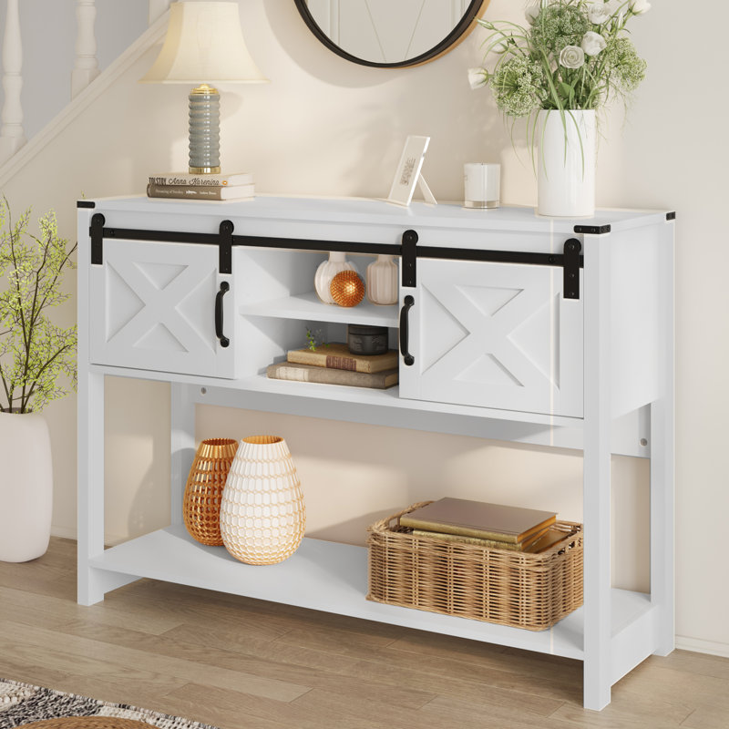 Console à portes de grange coulissantes avec tablette de rangement, Blanc