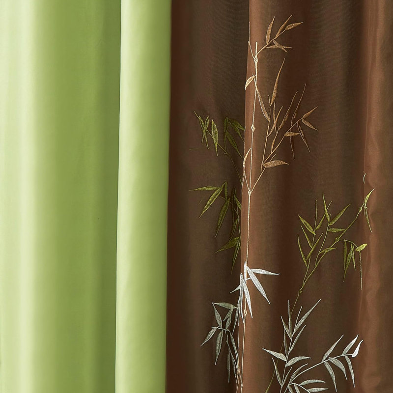 Bengal Bamboo Embroidered Window Curtain Set ( 2 Panels w/attached Sheer Backing, Valance )