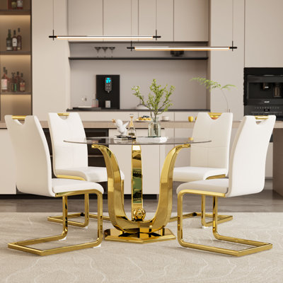 38.9" Round Glass Dining Table Set For 4, Tempered Glass Kitchen Table With Gold Stainless Steel Base & 4 PU Leather Chairs, Space Saving for Dining&Living&Bed room
