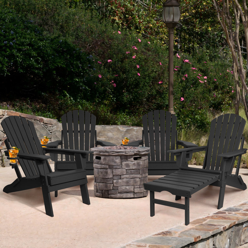 Plastic Folding and Adjustable Adirondack Chair with Ottoman, Black