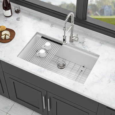 Quartz Kitchen Workstation Undermount Sink 32X19" White - Strong Material, Practical White, High Composite, Hygienic