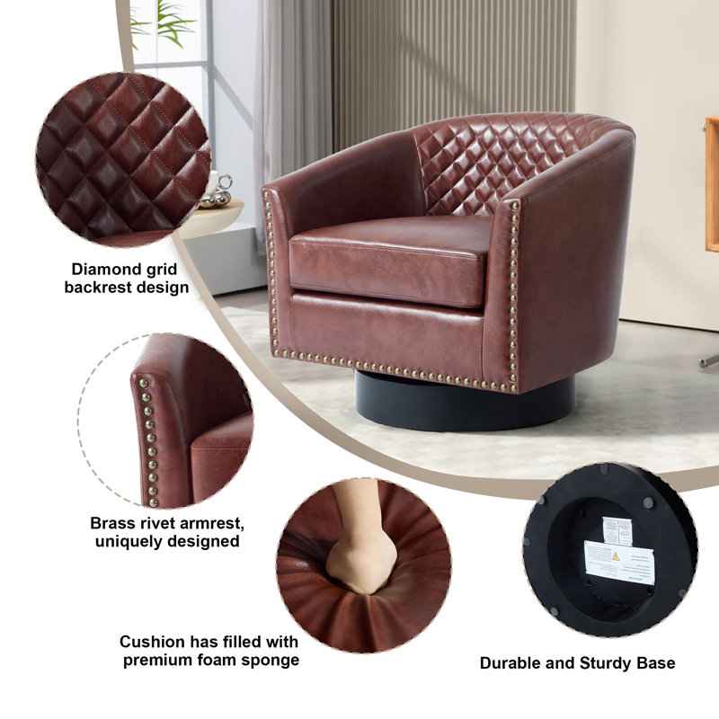 Petit fauteuil pivotant tonneau capitonné Bennett avec garniture cloutée Bennett, Similicuir rouge brun