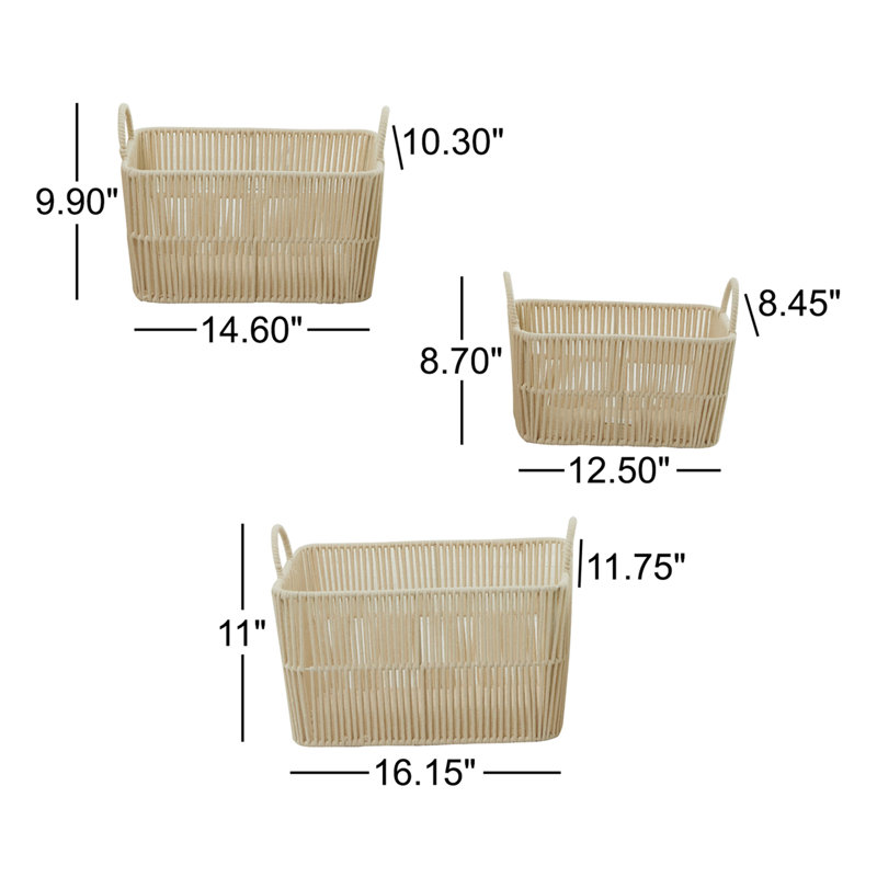 Ensemble de paniers en métal 3 pièces, H 11 po x l 16,15 po x P 11,75 po
