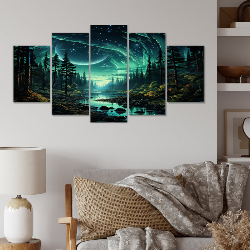 «Northern Lights Forest Dreams I - Forest River Mountains», art mural multi-panneaux pour le salon