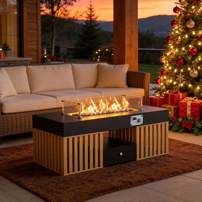 Laurean 47 Inch Propane Fire Pit Table With Metal Frame And 2 Drawers Gas Fireplace With Open Storage Shelf And Adjustable Feet For Patio Deck