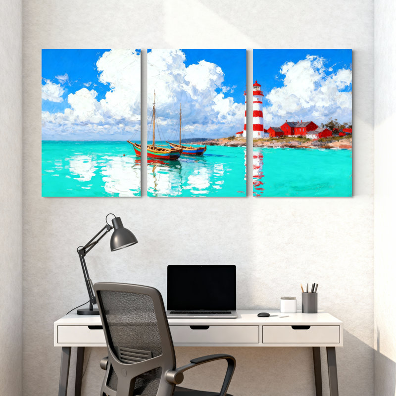 Nautique plage bateau phare ciel eau nuages réflexion rouge ensemble de 3 impressions sur toile, H 18 po x l 36 po