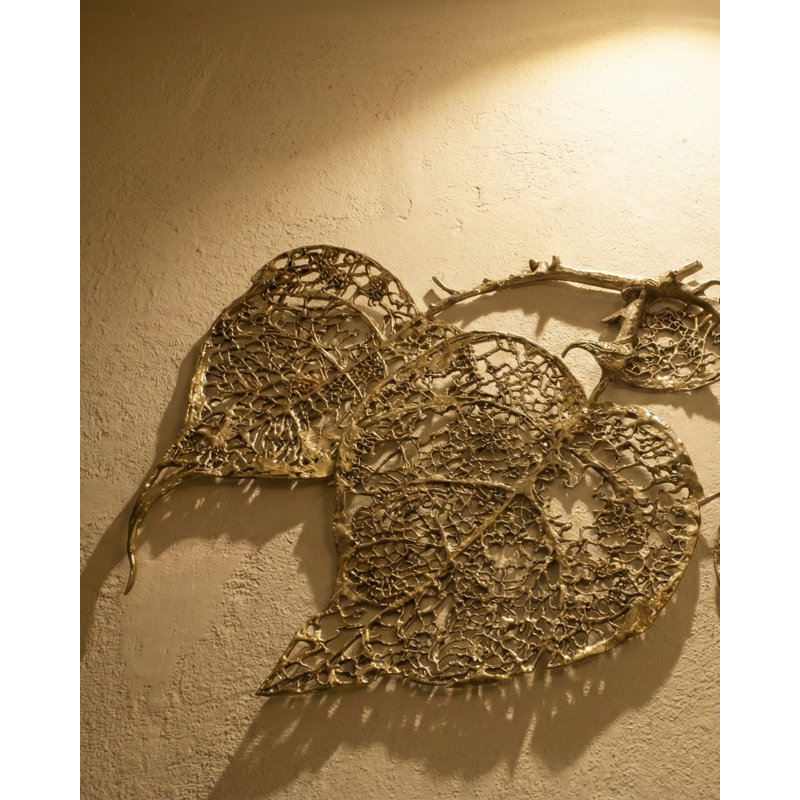 Décoration murale faite à la main en forme de feuilles creuses en laiton de 55 pouces - Grande pièce décorative inspirée de la nature Peepal pour les salons modernes, les bureaux ou les entrées