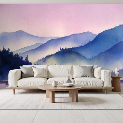 Watercolor Forest Peel and Stick Wallpaper Peaceful Mountain Landscape Watercolor Gentle Morning Haze Wall Murals 69"H x 96"W Removable PVC Wall Paper Self-Adhesive Wall Decor for Bedroom Living Room Home Office