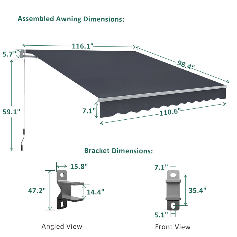 Patio Awning Sunshade Canopy for Manual Retractable Awnings, Gray, 116.1" W x 98.4" D