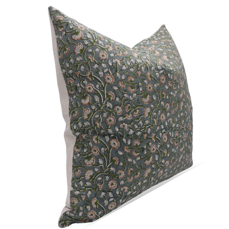 Linen Pillow Cover, 16" H x 16" W, Green/Orange Floral 1, Square
