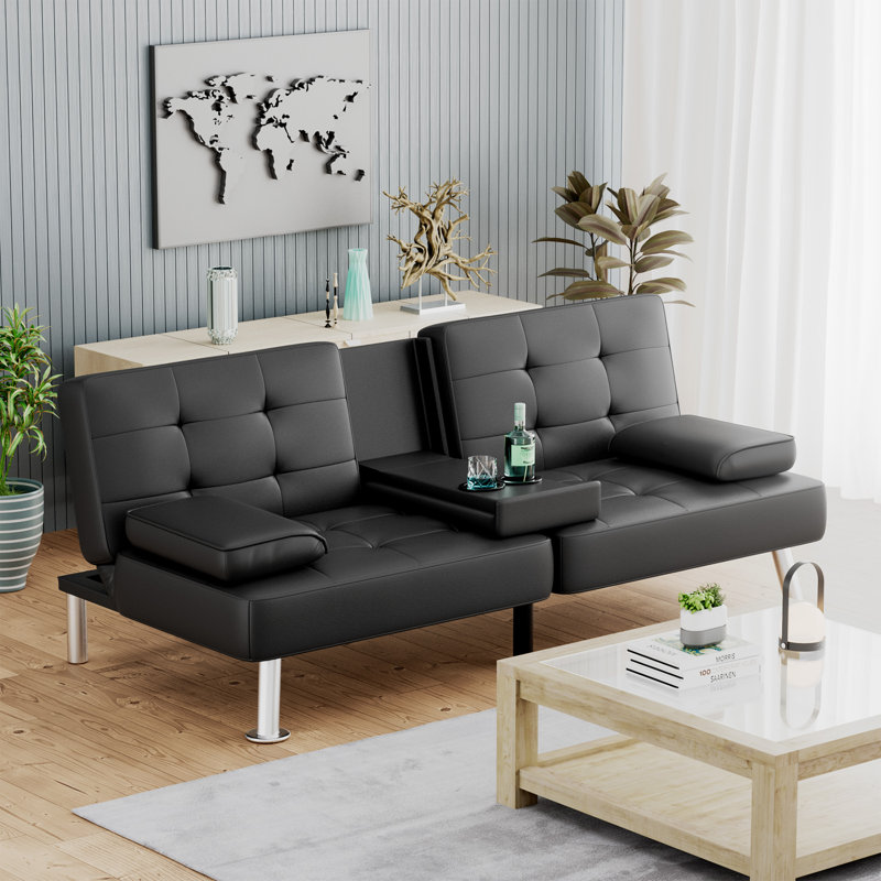 Abbigale 65.8'' Faux Leather Reclining Sleeper Sofa, Black Faux Leather