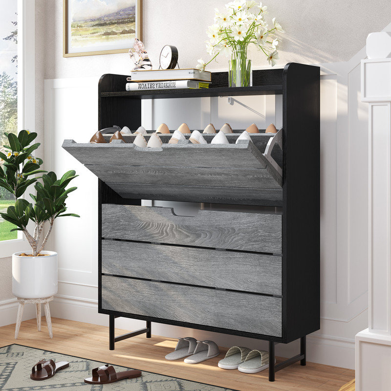  Shoe Storage Cabinet With 2 Flip Drawers, Wooden Shoe Rack Organizer Cabinet With Adjustable Shelf, Narrow Shoe Cabinet For Entryway, Hallway, Living Room (Grey)
