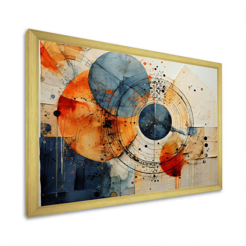 Technique mixte - Spirales abstraites, art mural, Cadre doré simple, H 24 po x l 32 po x P 1 po