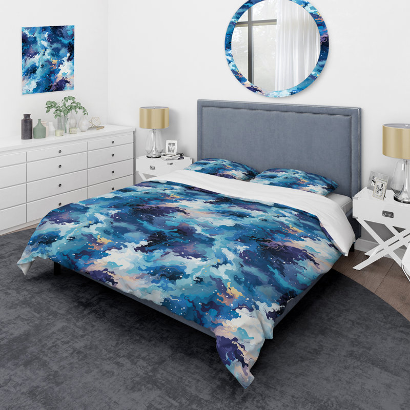 Blue Celestial Aura Camouflage Abstract Duvet Cover, King Duvet Cover + 2 King Shams