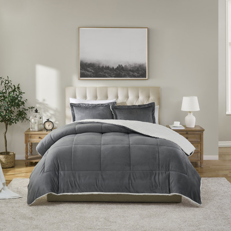 Ensemble d'édredon réversible en micro-vison et sherpa 3 pièces Swift Home, Étain, Édredon très grand et 2 taies décoratives