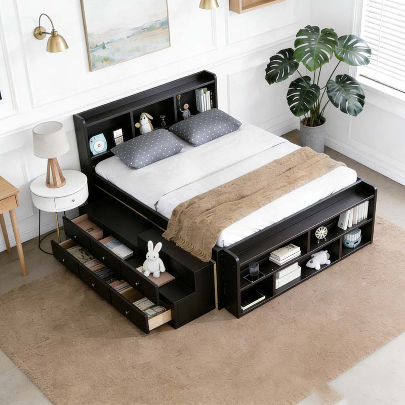 Lit double avec tête de lit bibliothèque, tiroirs de rangement sous le lit et étui de rangement, Noir