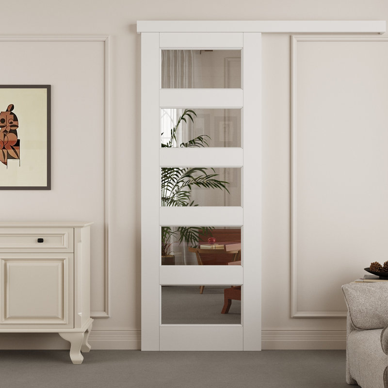 Porte de grange en verre transparent apprêté blanc prêt à installer avec quincaillerie cachée prête à installer