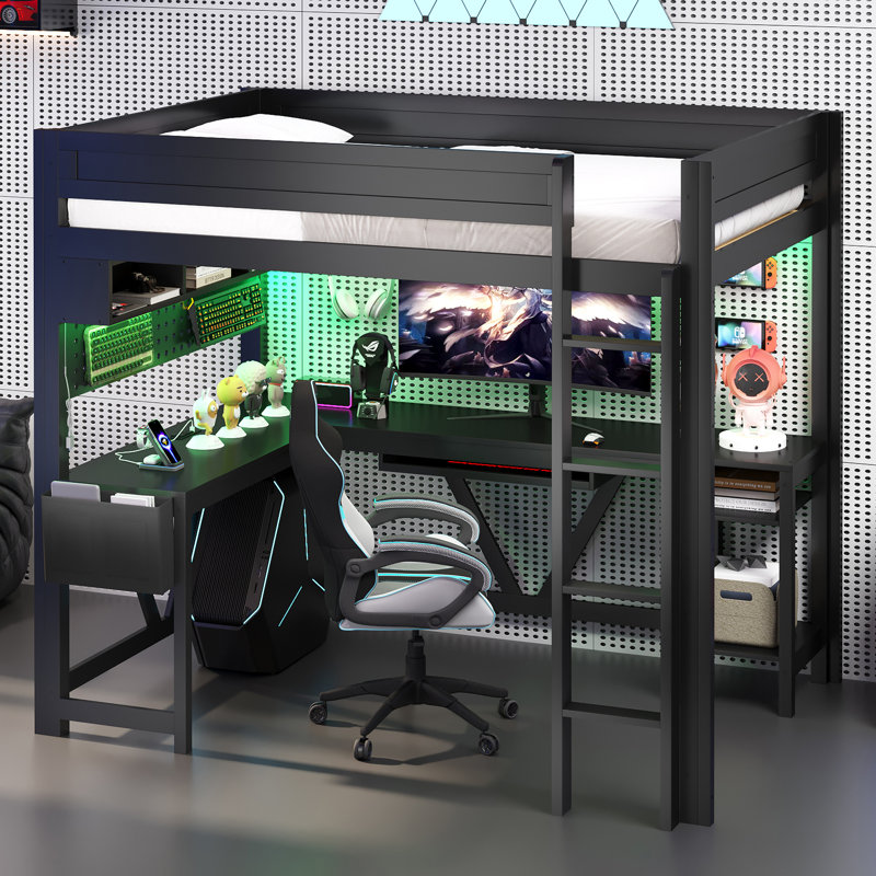 Lit mezzanine double en bois avec bureau, station de charge et rangement à DEL, Noir