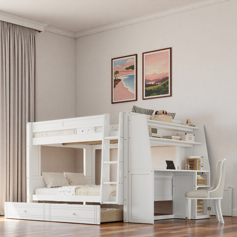 Lit superposé multifonctionnel avec bureau, étagères et tiroirs, Blanc