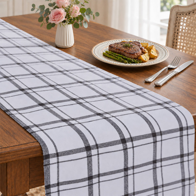 100% Cotton Holiday Plaid Table Runner, 72" L, Black/White