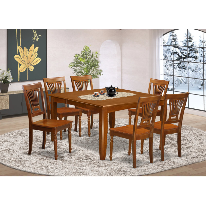 7 Piece Dining Room Table Set Consist of a Square Kitchen Table with Butterfly Leaf and 6 Dining Chairs, Saddle Brown