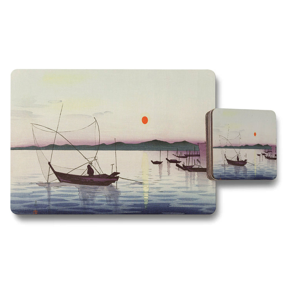 Sunset Harbor Boats Seascape Placemats And Coaster Set