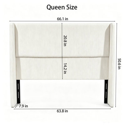 50.6" Tall Upholstered Headboard, Wingback Corduroy Bed Headboard with Vertical Channel Tufting, Padded Soft Backrest, Stable Adapter Design, Cream