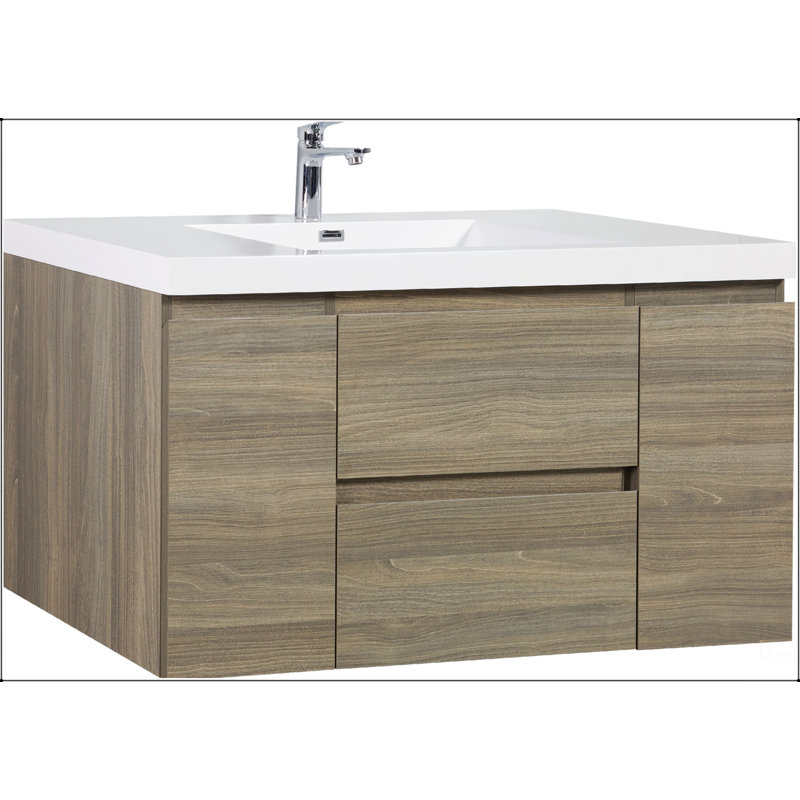 Meuble-lavabo flottant avec lavabo, meuble-lavabo mural moderne avec lavabo en résine et tiroirs à fermeture en douceur, Gris