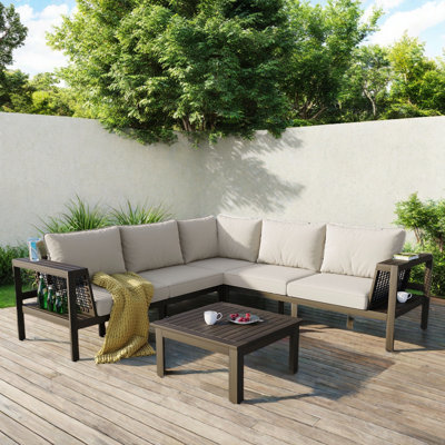 4 Pieces Outdoor Conversation Set With 1 Coffee Table, One Right Armchair, One Left Armchair, A Corner Piece And Woven Mesh Armrests by Latitude Run
