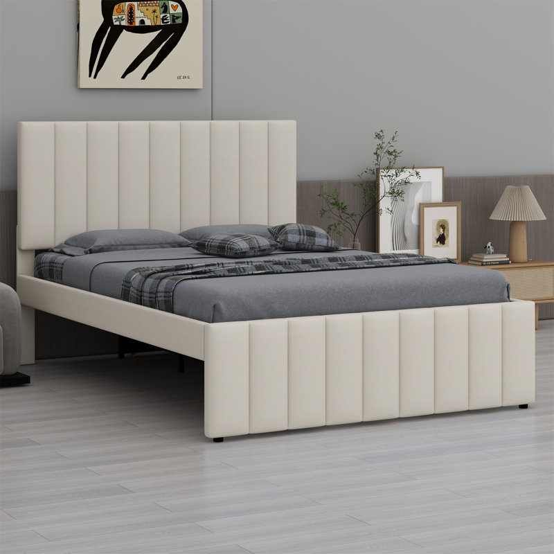 Lit plateforme tapissier avec lit gigogne et 3 tiroirs, Beige