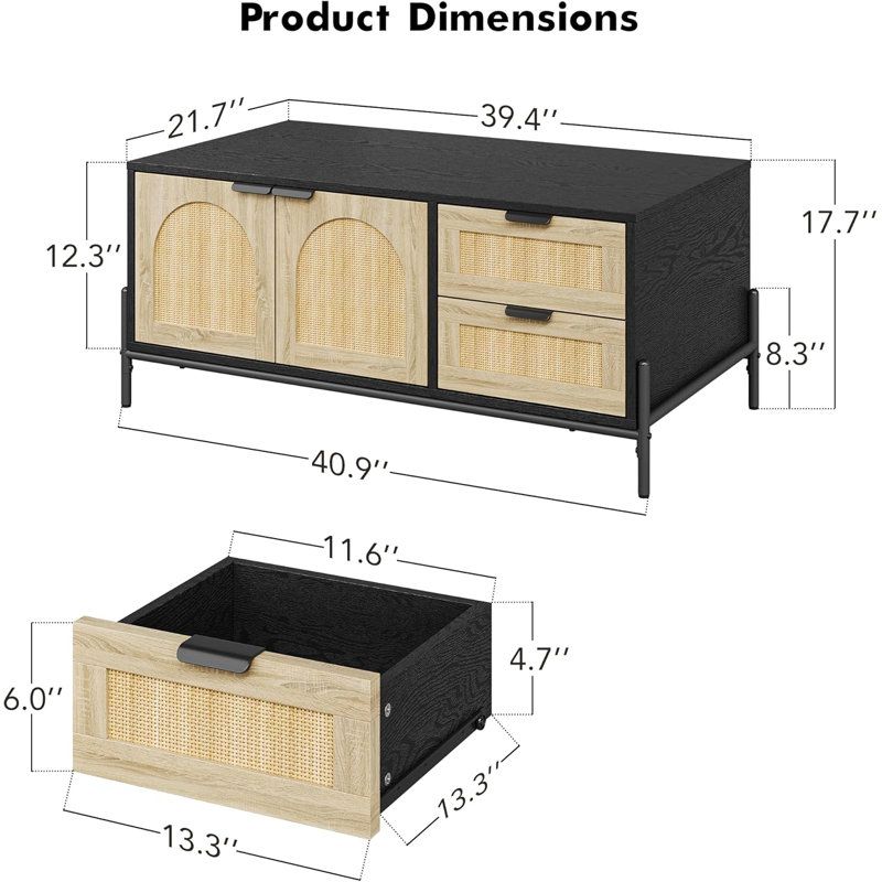 Table basse Mid-Century moderne avec 4 tiroirs et tablette de rangement ouverte