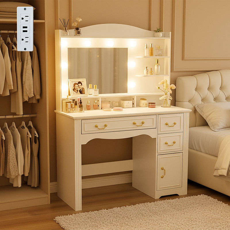 Large Vintage Makeup Vanity Desk With 3-color Lighting Mirror and 3 Drawers, Wood French Country Modern Farmhouse White Dressing Table With Charging Station And Shelves, Makeup Bedroom Vanity With Storage Cabinet