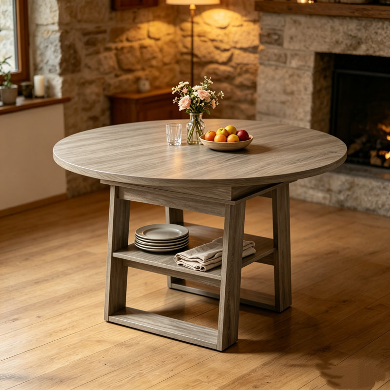 Table de salle à manger extensible grise pour 4 à 6 personnes, table de cuisine ronde à ovale avec rallonge rabattable intégrée, base stable en H et tablette de rangement