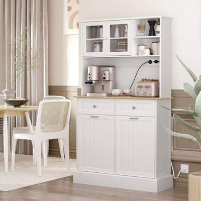68" Kitchen Pantry Storage Cabinet With Charging Station, 2 Tilt Out Trash Cabinets And Microwave Stand, Freestanding Kitchen Hutch With Glass Doors And Adjustable Shelf
