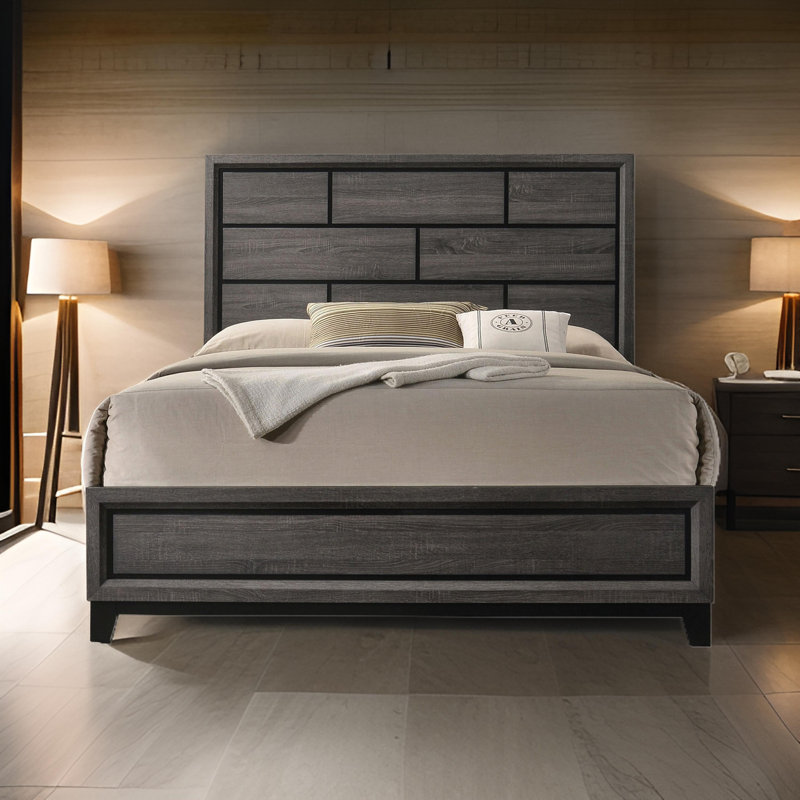Erica Bed, Wood Finish, Panel Style Headboard, Full / Double, Gray/Black, Manufactured Wood