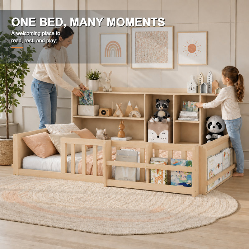 Cadre de lit au sol pour enfant avec barrières de sécurité, compartiments de rangement et tablette, 1 place, naturel, Naturel
