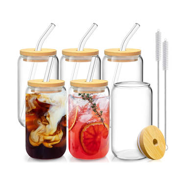 Mason Jar Drinking Glass with Reusable Bamboo Lid & Stainless Steel Straw -  16 oz