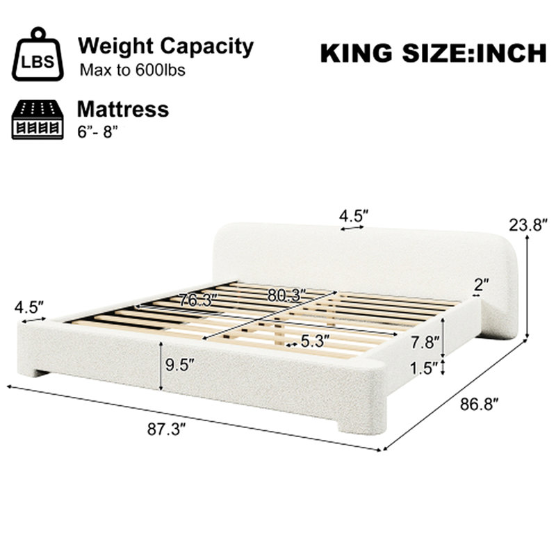 Structure de lit tapissier très grand blanc très confortable pour un sommeil familial, lit à 3 pattes de soutien central, différentes tailles de chambre à coucher flexibles, structure