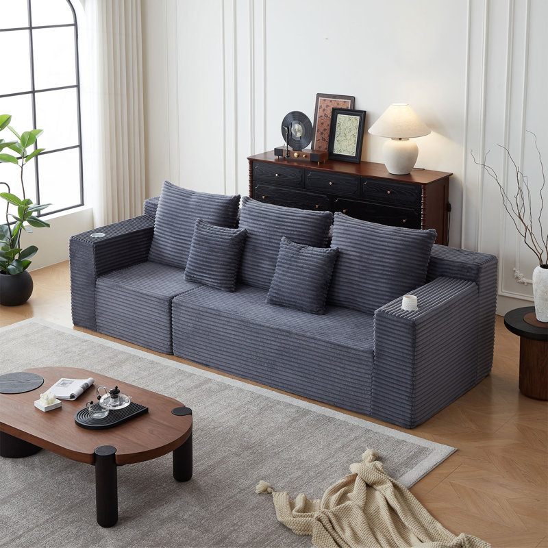 Canapé modulaire profond en velours côtelé avec porte-gobelets, aucun assemblage requis, Gris