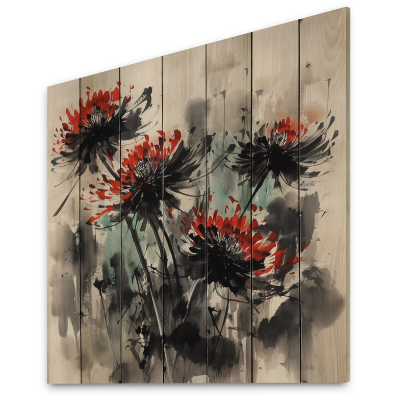 Stenamezon, fleur rouge floue sur bois, H 15 po x l 15 po x P 0,78 po