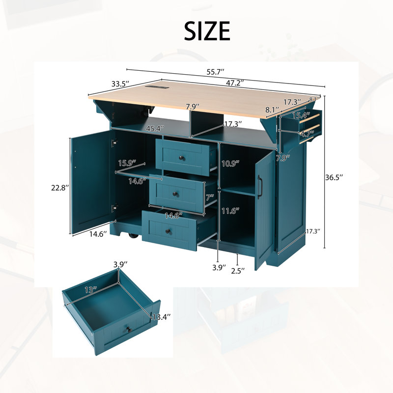  55 inch Rolling Kitchen Island with Double Drop Leaf, Large Mobile Kitchen Cart with Power Outlet and USB Ports, Folding Dining Table with 3 Drawers, Blue