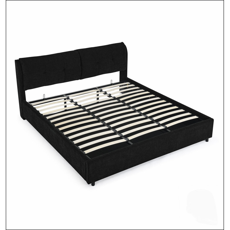 Lit plateforme hydraulique King Size recouvert de chenille avec tête de lit intégrée et grand espace de rangement