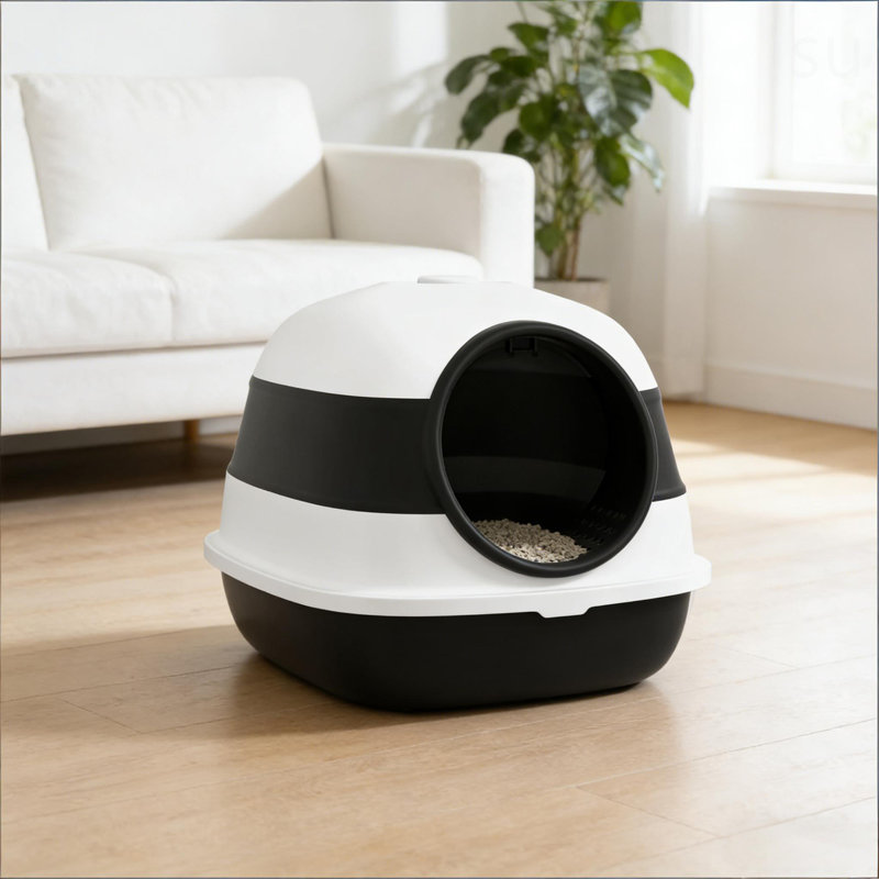 Litière pour chat, litière avec couvercle, Noir / blanc