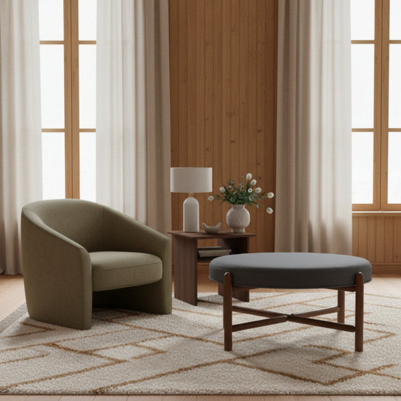 Vane 36" Round Ottoman, Navy, Walnut