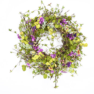 26" Artificial Farmhouse Twig Blossoms Cluster Greenery Mini Eucalyptus Berry Pansy Floral Spring Summer Wreath For Front Door
