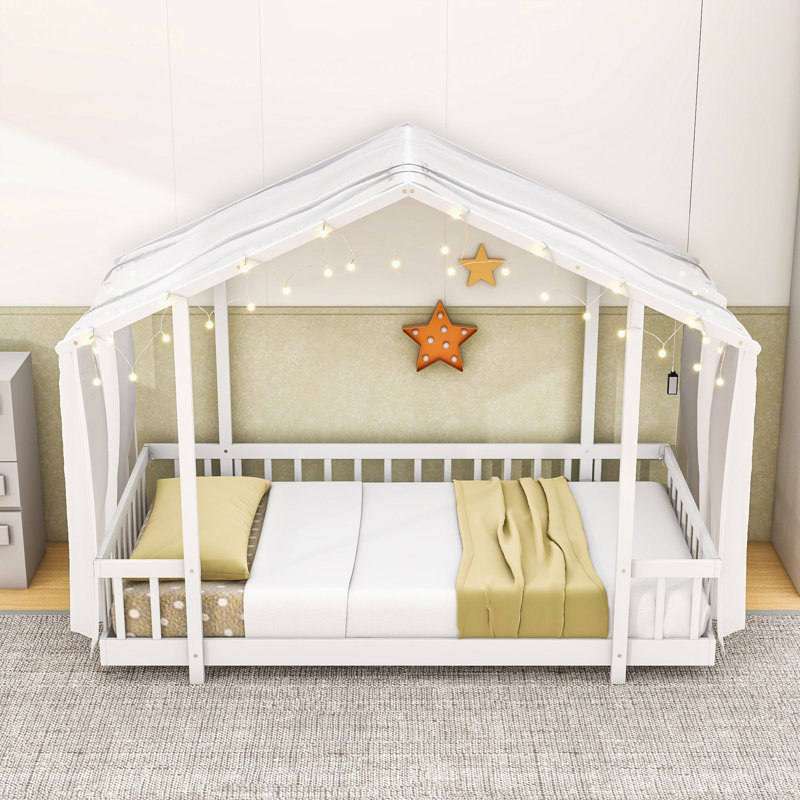 Lit plateforme avec baldaquin, lumières et garde-corps, Lit simple, Blanc